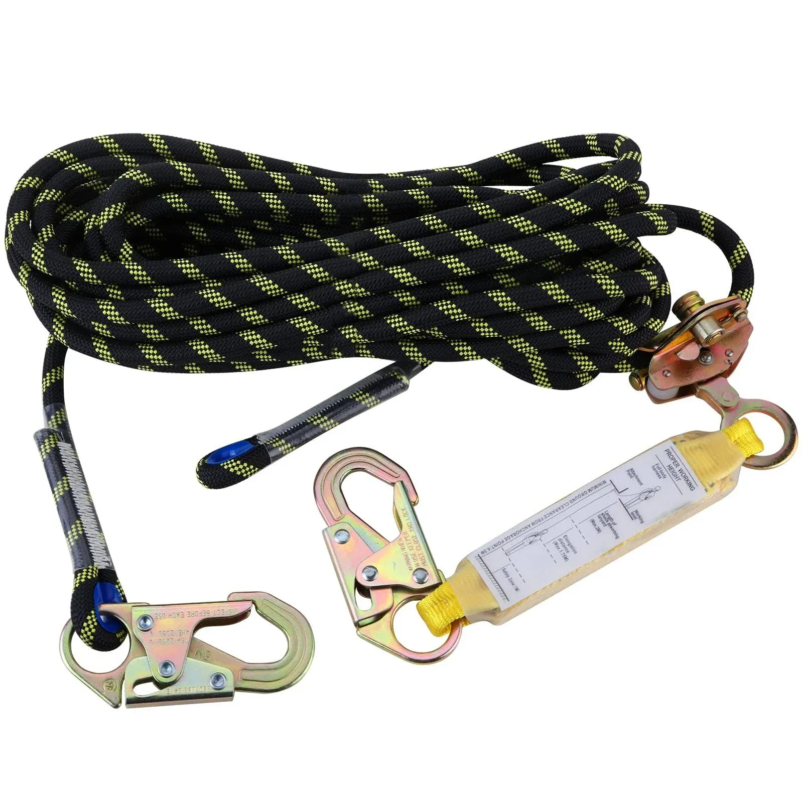 Vertical Lifeline Rope Assembly 50 ft with Rope Grab Snap Hooks Shock Absorber CE Standard for Fall Protection Roofing Safety Equipment Tools Rope Kits