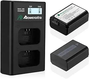 Powerextra 2 Pack Replacement Sony NP-FW50 Battery and Smart LCD Display Dual USB Charger Compatible for Sony ZV-E10, Alpha a6500, a6300, a6000, a7s, a7, a7s ii, a7s, a5100, a5000, a7r, a7 ii Camera