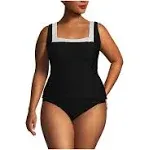 Lands' End Women's Plus Size Texture Square Neck Tankini Swimsuit Top - 1x - Black/White