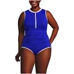 Lands' End Women's Plus Size Chlorine Resistant High Neck Zip Front One Piece Swimsuit - 18W - Electric Blue/White