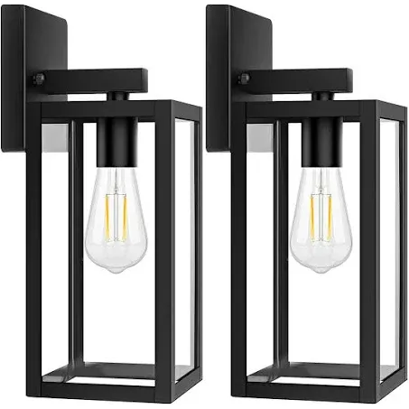 2-Pack Outdoor Light Fixtures Wall Mount, Waterproof Exterior Wall Lanterns with Clear Glass, Anti-Rust Outside Black Wall Sconces, Front Porch Lights for House Garage Doorway, Bulbs Not Included