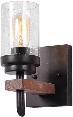 Rustic Wood Wall Sconce with Seeded Glass Shade, Vintage Industrial Hardwire Bathroom Light Log Cabin Home Retro Edison Wall Light Fixtures 1-Light, Black (17804)