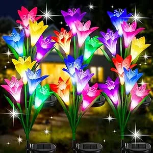 Solar Outdoor Lights Garden Decor, 6 Pack Upgraded Solar LED Flower Lights with 24 Bigger Lily Flower Lamp, 7 Color Changing Waterproof Solar Lights Outdoor for Garden Yard Decor, Gift