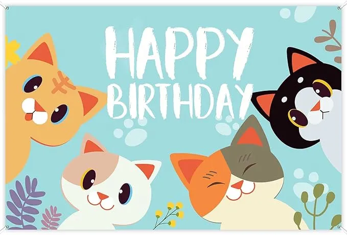 Happy Birthday Banner Backdrop Sky Blue Cute Cat Theme Party Decor Picks for ...