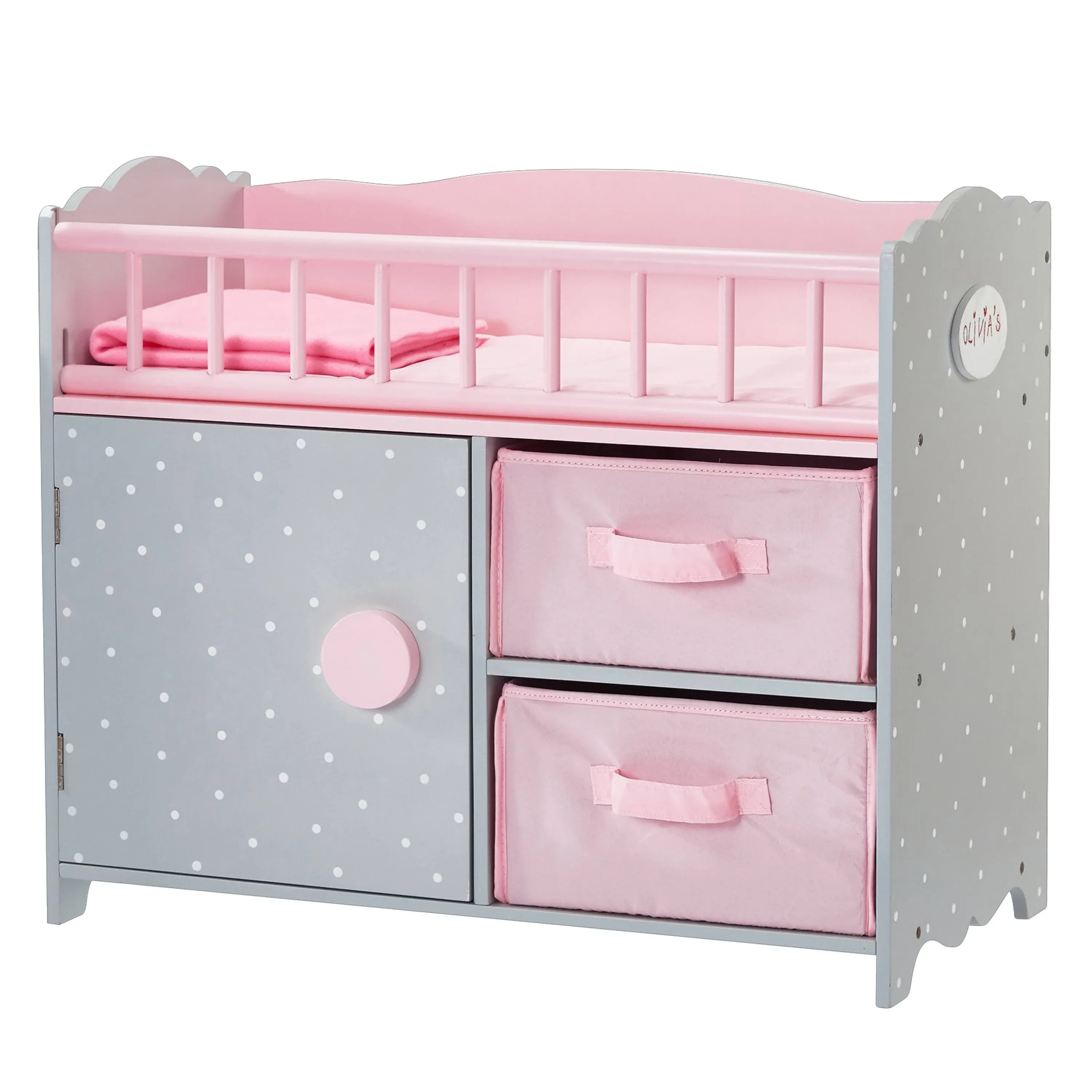 Olivia&#039;s Little World Polka Dots Princess Baby Doll Crib with Storage, Pink/Gray