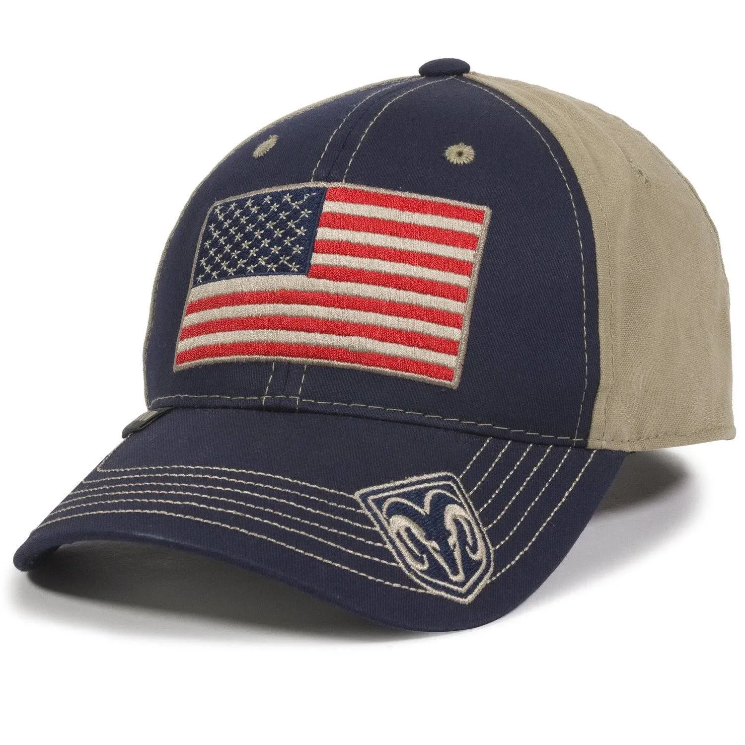 Hat - RAM Navy & Khaki with Embroidered American Flag Ball Cap