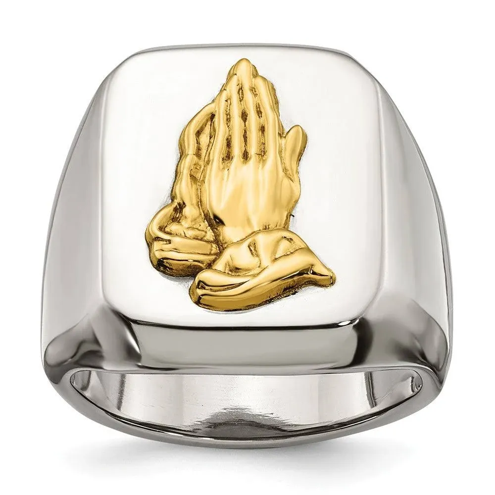 Lex &amp; Lu Stainless Steel w/14k Yellow Gold Accent Polished Praying Hands Ring