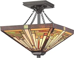 Ornate Bronze Fin Semi-Flush Mount Ceiling Stained Glass Pendant Light