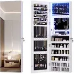 Vlsrka 47.2" LED Jewelry Mirror Cabinet, Wall/Door Mounted Jewelry Armoire Organizer with Full Length Mirror, Large Storage Hanging Cabinet, 4 Drawers, 5 Shelves, Built-in Lighted Mirror (White)