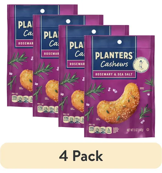 (4 pack) Planters Cashews Rosemary & Sea Salt, Party Snacks, 5 oz Bag