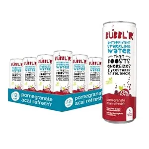 BUBBL'R pomegranate acai refresh'r, Antioxidant Sparkling Water with Natural Caffeine, 0g Sugar, Gluten Free, All Natural Flavors, 12 Fl Oz Cans, 12 Count