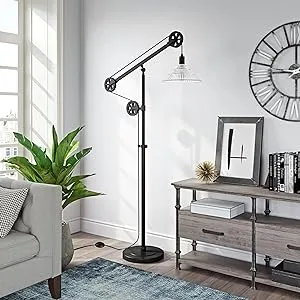 Henn&Hart Pulley System Floor Lamp with Metal Shade in Aged Steel/Aged Steel, Floor Lamp for Home Office, Bedroom, Living Room