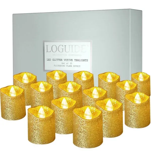 LOGUIDE Gold Flameless Votive Candles,24 Pack Battery Operated Gold Glitter Flickering Fake LED Tea Lights for Wedding Centerpieces,Table,Anniversary,Outdoor,Christmas Decorations