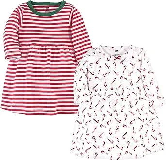 Hudson Baby Infant and Toddler Girl Long-Sleeve Cotton Dresses 2pk, Candy Cane