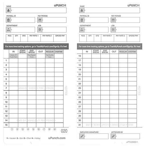 uPunch HN4000 Time Cards for Use with The HN4000 Time Clock - 1 Pack (50 Cards)