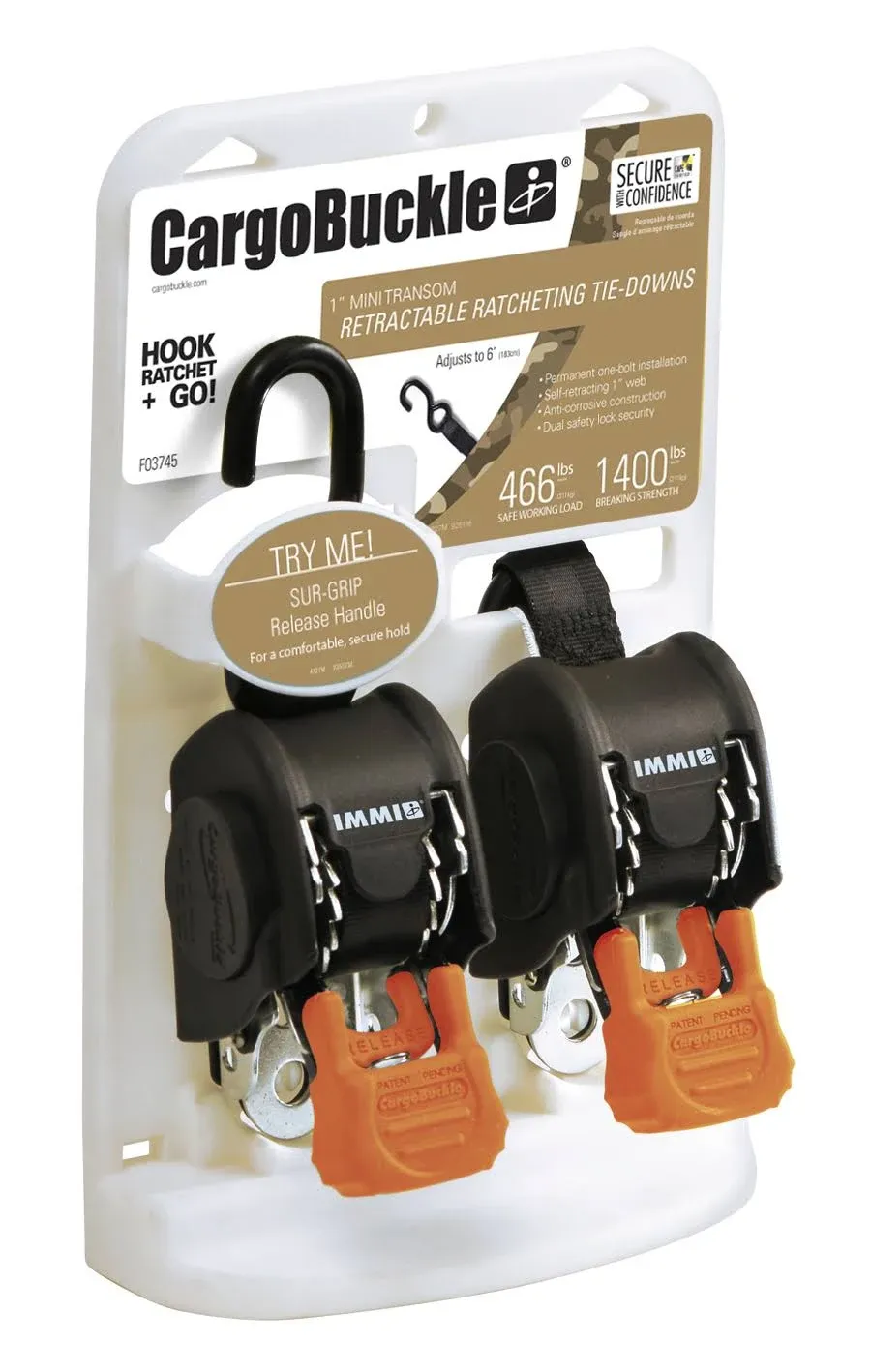 CargoBuckle Mini G3 Retractable Ratchet Tie-Down - 1" x 72" Pair