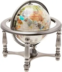 Unique Art 10-Inch Tall Pearl Swirl Ocean Gemstone World Globe with 4 Leg Silver Stand,white