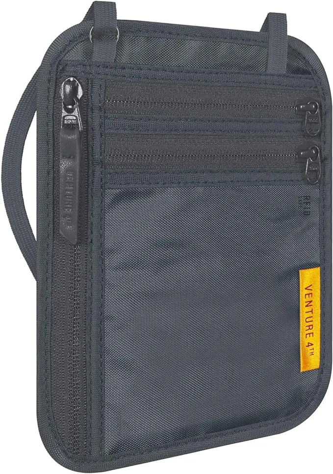 Venture 4th Slim Passport Holder Neck Pouch with RFID Blocking Travel Neck Wallet and A Nylon Lining (Gray)