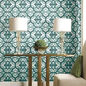 RoomMates Waverly RMK11864RL Tipton Peel and Stick Wallpaper (18 in x 18.86 ft) – Easy Application, No Sticky Residue – Teal and White