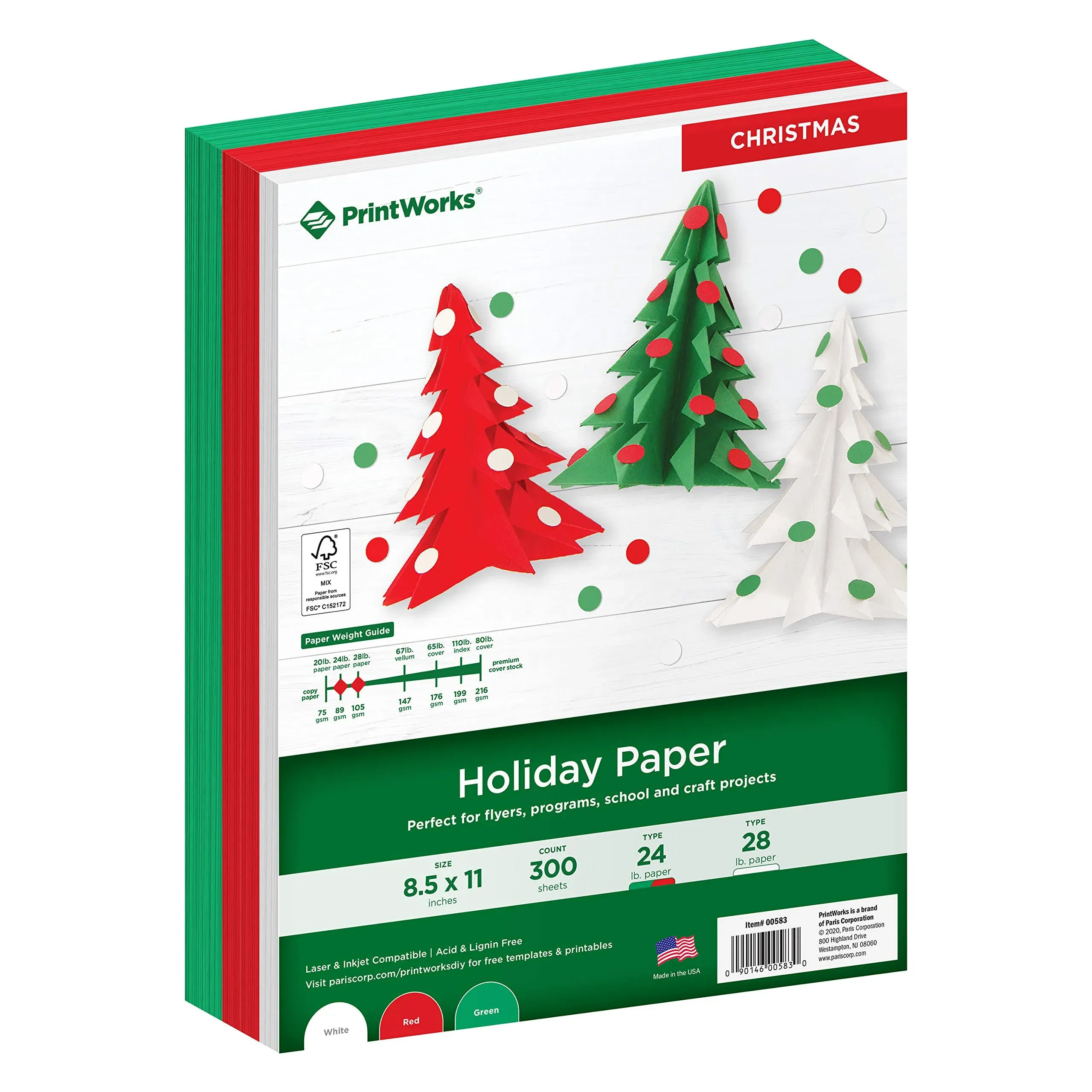 Printworks Holiday Colored Paper, 3 Assorted Colors, Perfect for Holiday School and Craft Projects, 300 Sheets, 8.5” x 11” (00583)