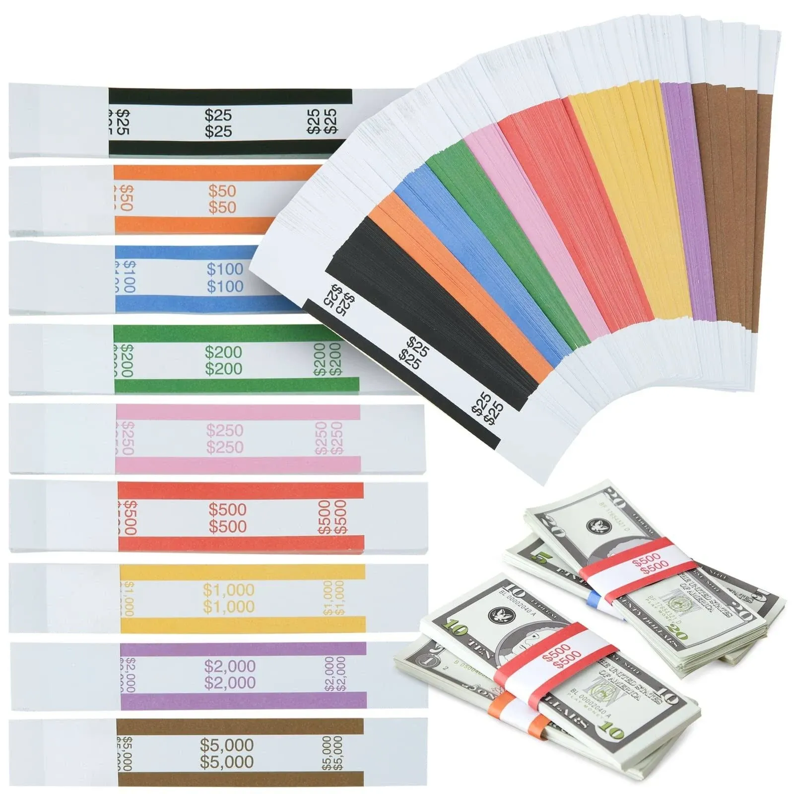 BLUE PANDA 300-Pack of Money Bands for Cash, Assorted Self-Adhesive Currency Straps for Bill Wrappers, Organizing, Sorting Cash, 9 ABA Standard Colors (7.75 x 1.25 Inches)