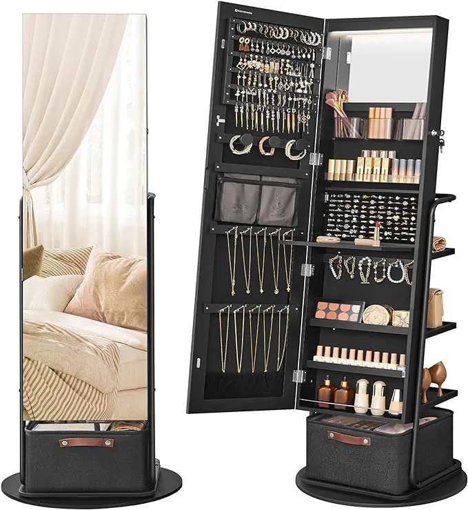 SONGMICS 360° Swivel Mirrored Jewelry Cabinet with Lights, Full-Length Mirror with Jewelry Storage, Standing Jewelry Armoire Organizer, with Large Storage Basket, Makeup Shelf, Ink Black UJJC018B01