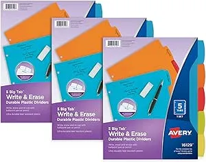 Avery Big Tab Write & Erase Durable Plastic Dividers, 5-Tab Set, Multicolor Brights, 3 Sets (21212)