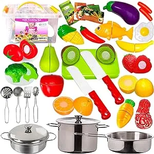 FUNERICA Play Food and Realistic Stainless-Steel Pots and Pans and Utensils - Cutting Fake Food and Pretend Toy Kitchen Accessories Cooking Toy Playset for Toddlers and Kids