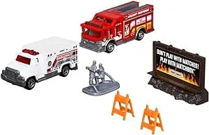 Matchbox Hitch & Haul Die-cast Vehicle Playset - Fire Rescue ~ 6 Piece Set ~ Hazmat Response Truck and Ambulance ~ Includes Firefighters, Billboard Sign and 2 Safety Barriers