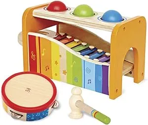 Hape Pound, Tap, & Shake! Music Set - Award Winning Wooden Pounding Bench, Baby Xylophone, and Tap Along Tambourine - Developmental, Non-Toxic, Montessori Musical Toys for Toddlers 1-4 Years Old