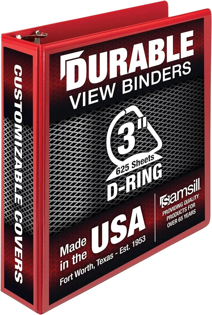 Samsill Durable 3 Inch Binder, Made in the USA, D Ring Binder, Customizable Clear View Cover, Black, Holds 625 Pages