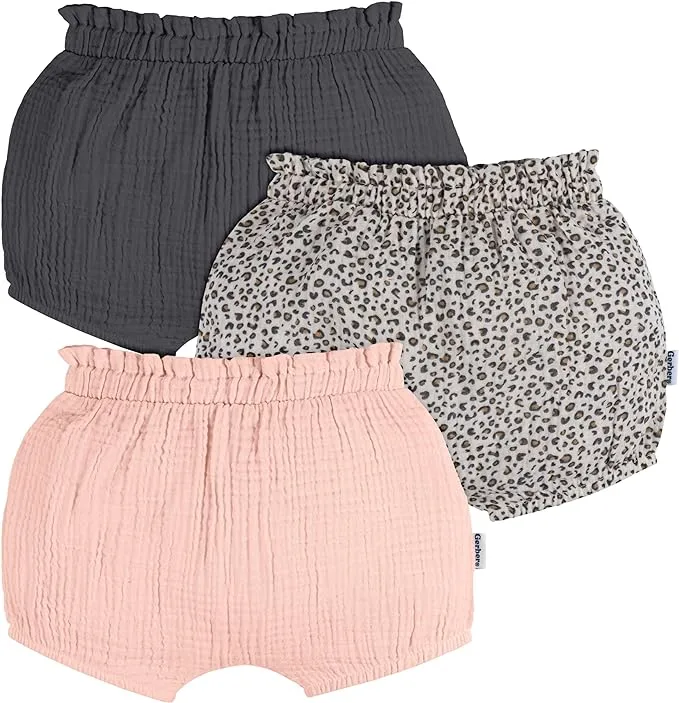 Gerber Baby Girls' 3-Pack Bubble Shorts, Grey/Leopard/Pink, 6-9 Months