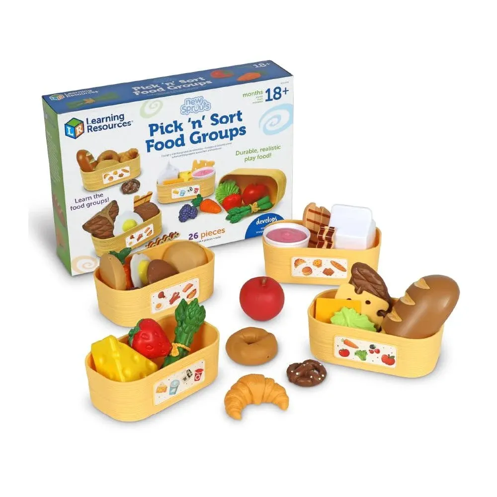 Learning Resources New Sprouts Pick ‘n’ Sort Food Groups, Grocery Store Pretend Play, Play Kitchen Accessories, Play Food for Toddlers, Ages 18 Months+, 26 Pieces