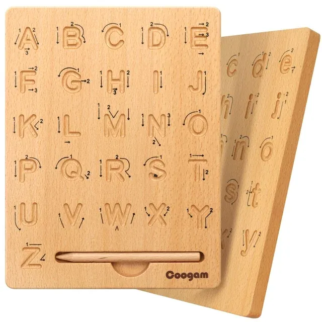 Coogam Wooden Letters Practicing Board, Double-Sided Alphabet Tracing Tool Learning to Write ABC Educational Toy Fine Motor Montessori Game for 3 4 5