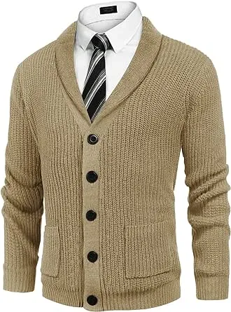 COOFANDY Men's Shawl Collar Cardigan Sweater Slim Fit Cable Knit Button up Sweater with Pockets