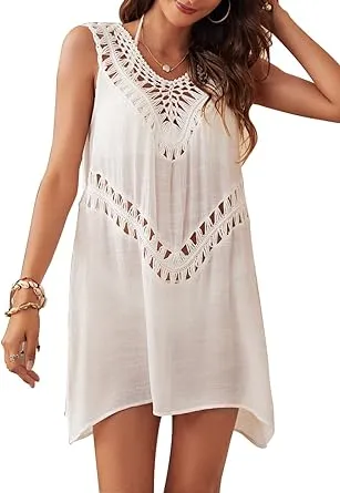 SIAEAMRG Swimsuit Cover Ups for Women, V Neck Hollow Out Swim Coverup Crochet Chiffon Summer Beach Cover Up Dress