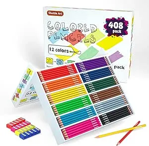 Shuttle Art Colored Pencils Bulk, 408 Pack Coloring Pencil Set Plus 20 Sharpeners, 12 Assorted Colors, Classroom Pack School