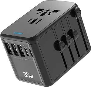 Universal Travel Adapter, 5-Port International Charger PD 35W Fast Charging AC 2000W High Power AUS/US/UK/EU All-in-One AC Plugs and Sockets Power Adaptor for iPhone/MacBook, Samsung, Tablet, Laptop