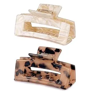 3 inch Hair Claw Clips Cutout Tortoise Shell Celluloid Hair Jaw Clips French Design Rectangle Hair Clamp for Women Ladies Mother (2 Pack)