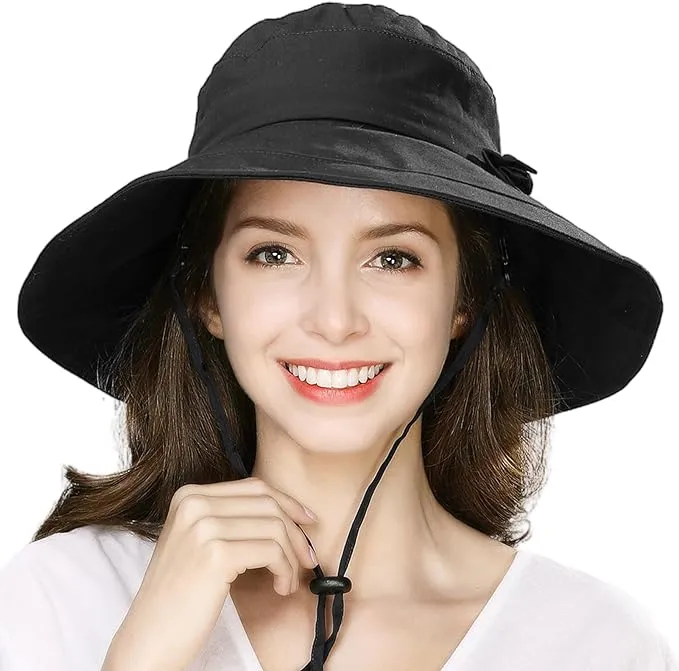 Comhats Packable Summer Cotton Sun Hat Bucket for Women UV Protection Wide Brim Beach Gardening Travel 54-64CM