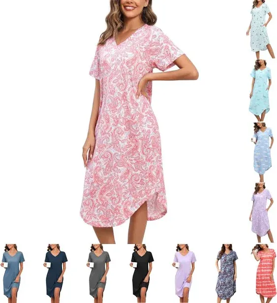 PNAEONG Women Short Sleeve Long Nightgown Soft Cotton Sleepwear Nightshirts Loungewear with Pockets