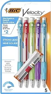 BIC Velocity Strong Lead Mechanical Pencils, With Colorful Barrel, Thick Point (0.9mm), 5-Count Pack Mechanical Pencils With Erasers