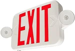 LFI Lights | Compact Combo Red Exit Sign with Emergency Lights | White Housing | All LED | Two Adjustable Round Heads | Hardwired with Battery Backup | UL Listed | (1 Pack) | COMBOJR-R