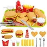 ELitao Pretend Play Fast Food Set, Play Food for Kids Kitchen - Play Kitchen Accessories - Toy Foods with Play Burger and Hot Dog Plastic Food for