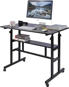 AIZ Mobile Standing Desk, Adjustable Computer Desk Rolling Laptop Cart on Wheels Home Office Computer Workstation, Portable Laptop Stand Tall Table for Standing or Sitting, Black, 39.4" x 23.6"