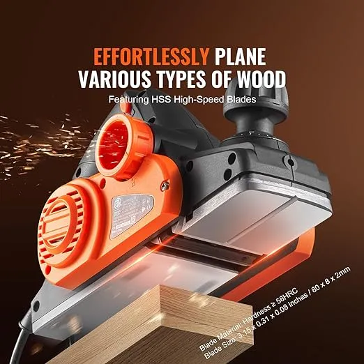 VEVOR Electric Hand Planer, 3-1/4" Width Corded Electric Hand Planer, 16500 RPM High-Speed Powerful Electric Handheld Planers for Woodworking, Wood Chamfer DIY, Smooth Finish Carpentry Tool, FCC-SDoC