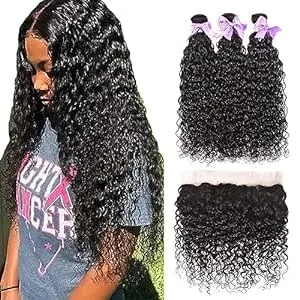 Brazilian Water Wave Bundles with Frontal 13x4 Free Part Lace Frontal Unprocessed Virgin Human Hair Bundles Brazilian Hair Extensions Natural Black Color(16 18 20 + 14 frontal)