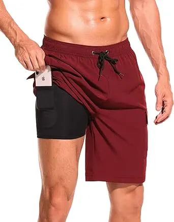 SILKWORLD Men's Swim Trunks with Compression Liner Quick Dry Bathing Suits 9 Inch Swimming Shorts with Cargo Pockets