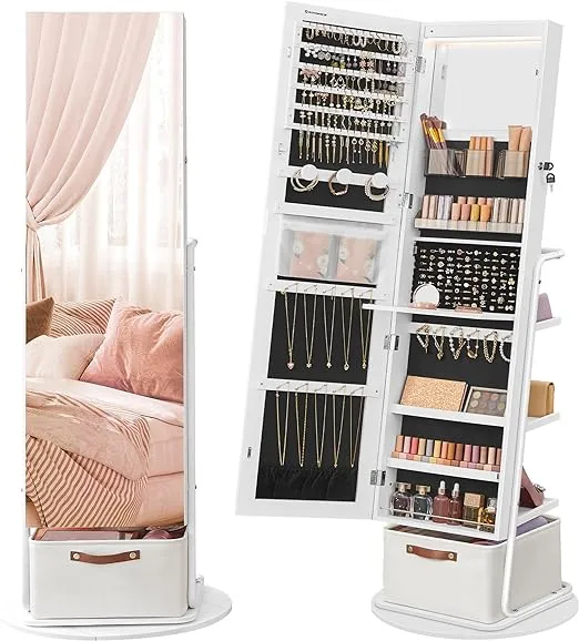 360° Swivel Mirrored Jewelry Cabinet with Lights White