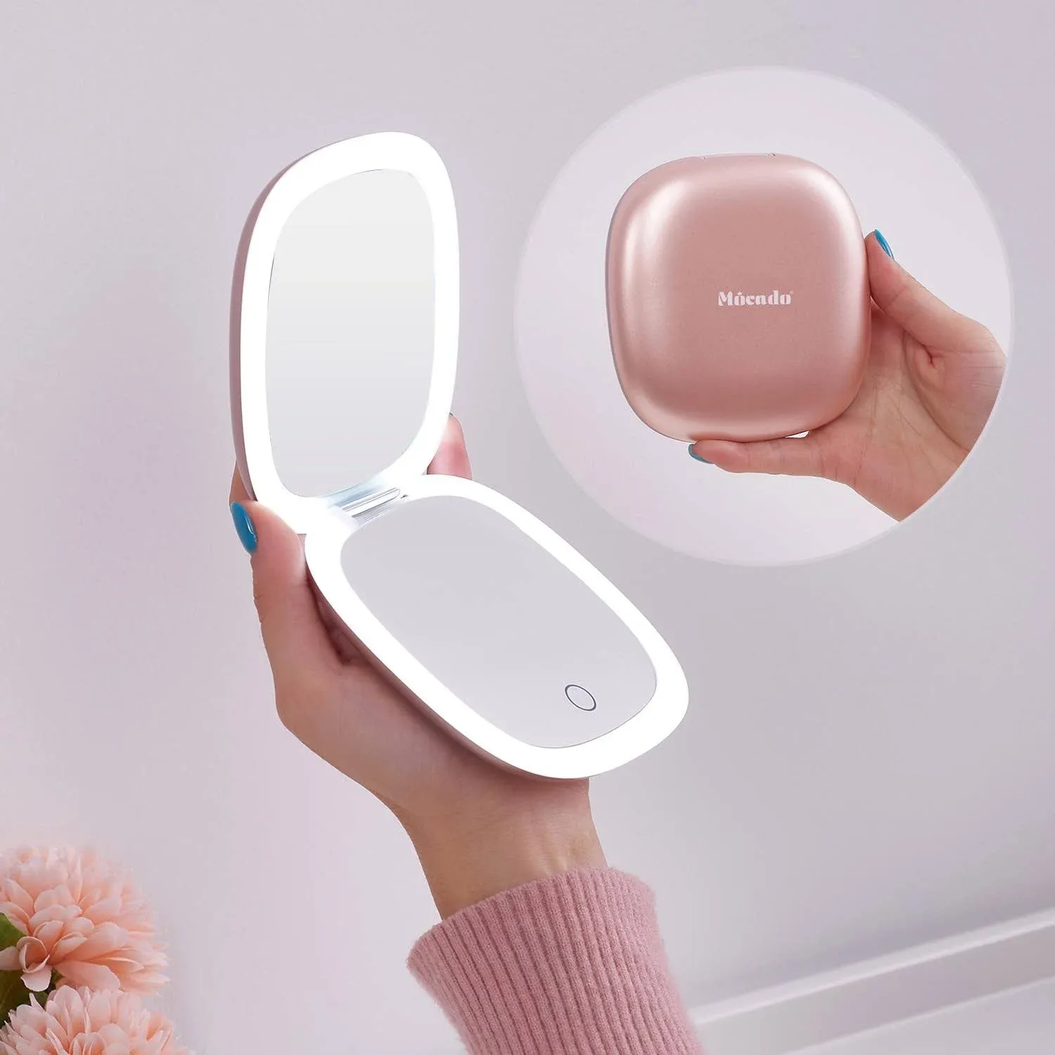 Mocado Compact LED Magnifying Travel Makeup-Mirror - 4 Inches 1x/10x Magnification Small Hand Pocket Dimmable Double Sided USB Rechargeable Touch